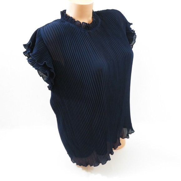 Gibson X Glam Steph Taylor Jackson Blouse Pleated Chiffon Ruffle Sleeve Blue - Picture 3 of 12